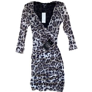 COPY - BEBE FAUX WRAP PRINT MESH DRESS